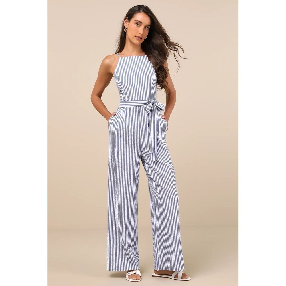 Lulus NWT Messina Blue Striped Wide-Leg Jumpsuit - Size XL